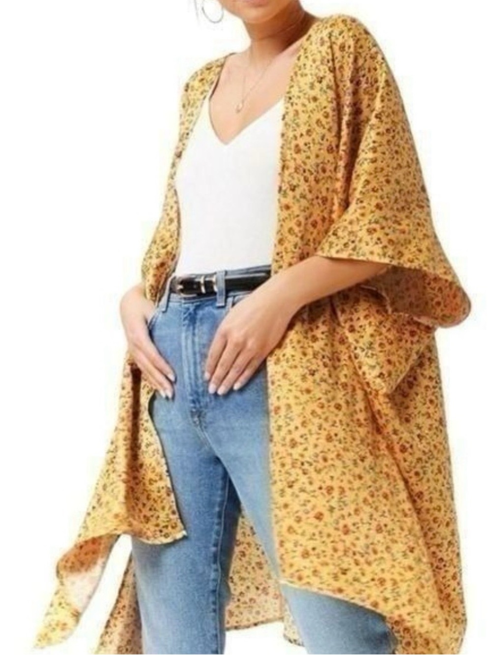 Forever 21 Yellow Floral Kimono Cardigan